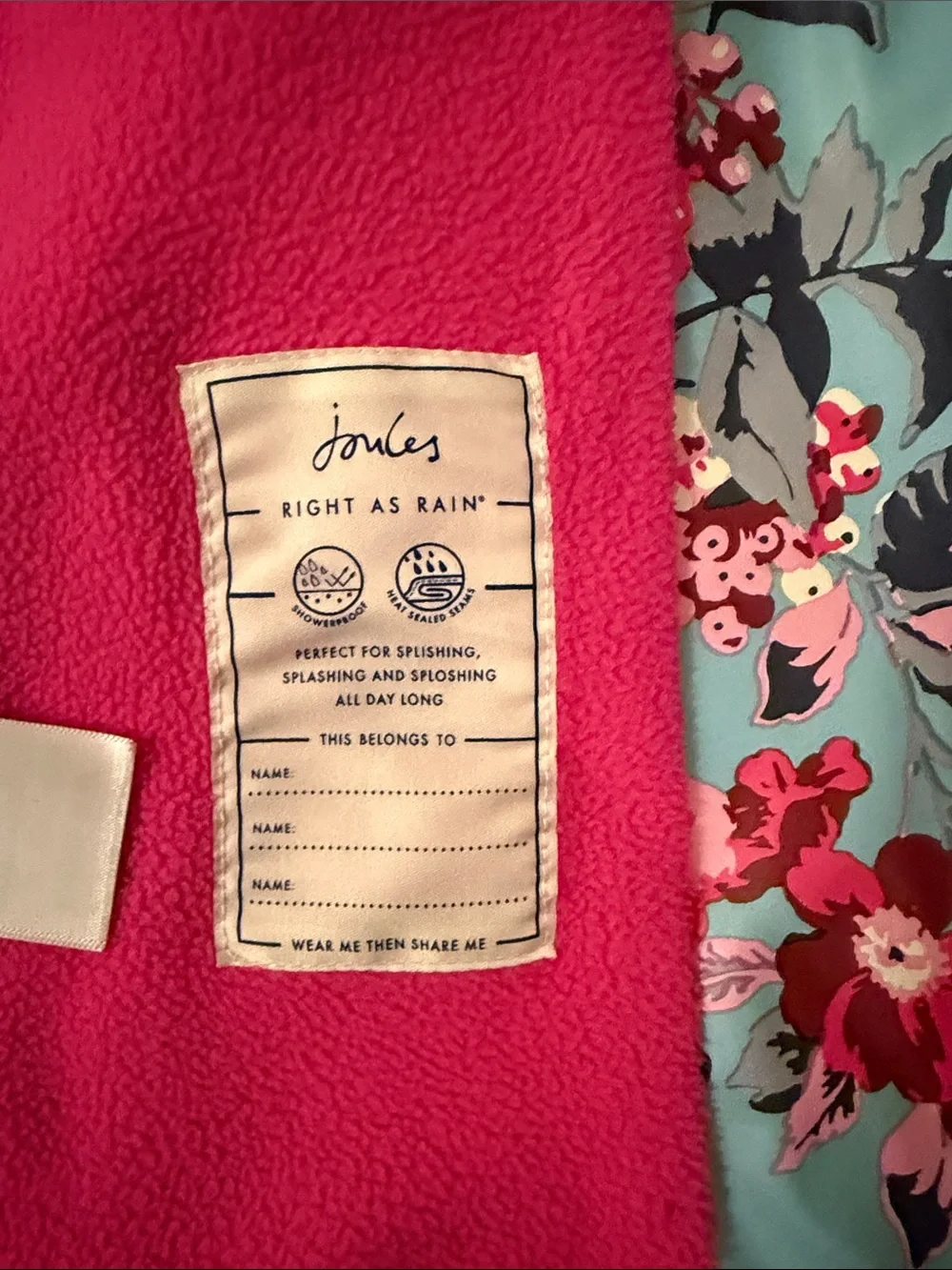 Joules Light Blue Floral Hooded Raincoat with Pink Fleece Lining